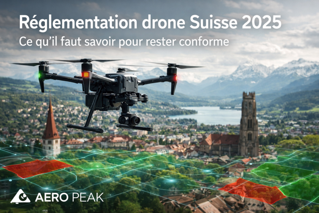 Drone survolant une ville suisse.